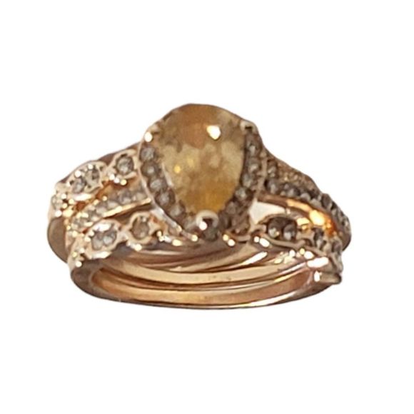 Three Ring Simulated Morganite Pear Round White Cubic Zirconia Ring Set - Picture 7 of 7